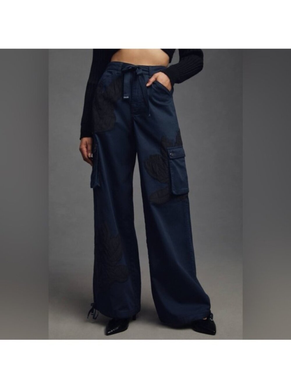 Anthropologie -Pilcro Navy with Black Floral Embroidery Parachute Pants 27 T